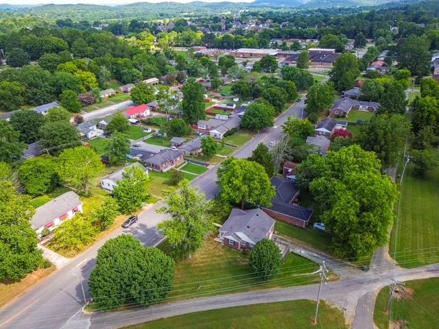 an aerial view of residential houses with outdoor space and trees