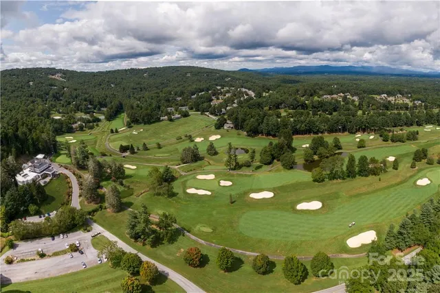 a view of a dry yard with trees in the background
