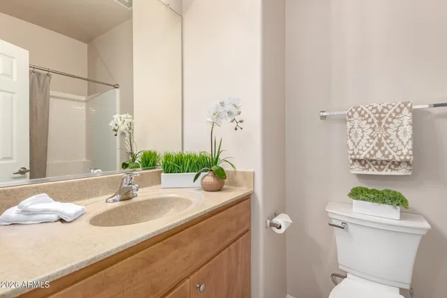 a bathroom with a granite countertop sink a toilet and a mirror