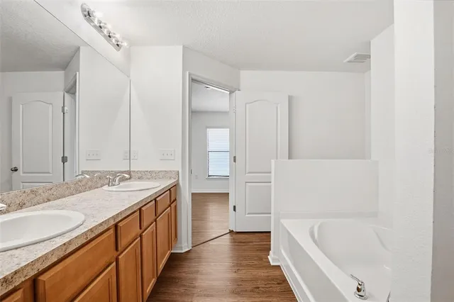 a bathroom with a tub sink and mirror