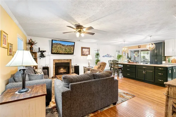 a living room with furniture a fireplace and a flat screen tv