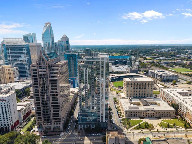 a city view with tall buildings