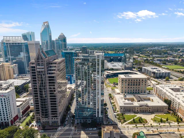 a city view with tall buildings