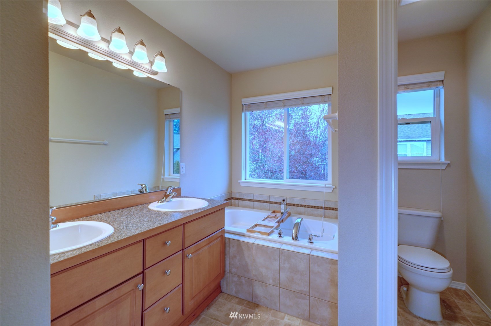 7053 Radius Loop Southeast Lacey, WA 98513 - Photo 25 of 34 a bathroom with a granite countertop sink toilet and mirror