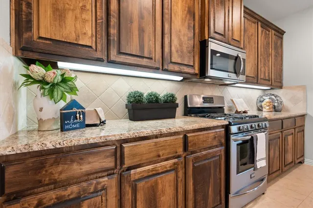 a kitchen with granite countertop cabinets stainless steel appliances and potted plant