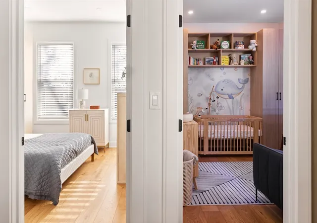 a bedroom with bed and walk in closet