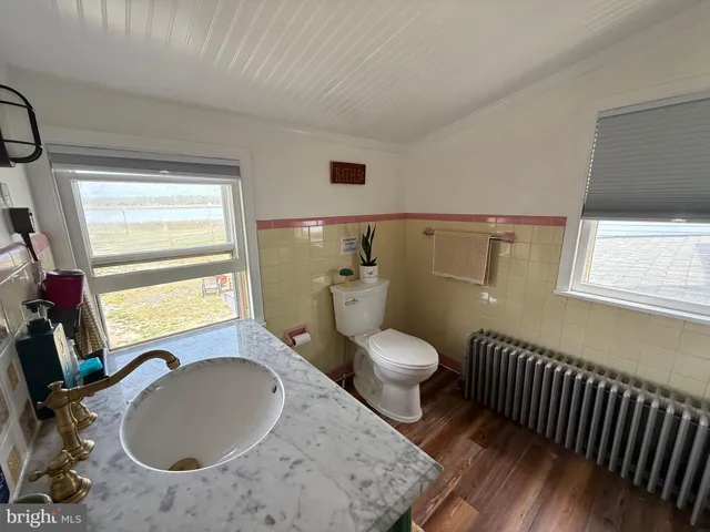 a bathroom with a sink toilet vanity and window