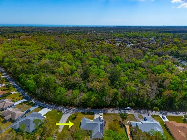 an aerial view of a house with a yard and lake view