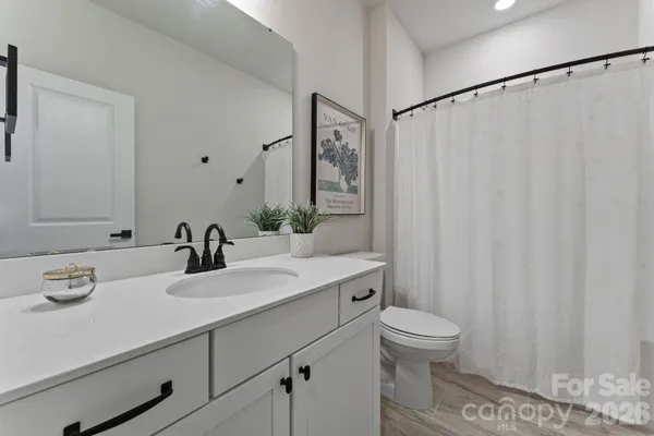 a bathroom with a sink a toilet and shower curtain