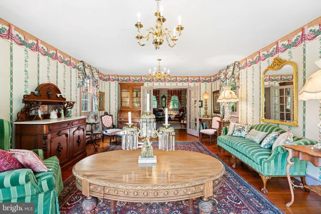 a view of a park with large trees