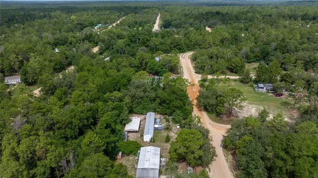 an aerial view of residential house with outdoor space and trees all around