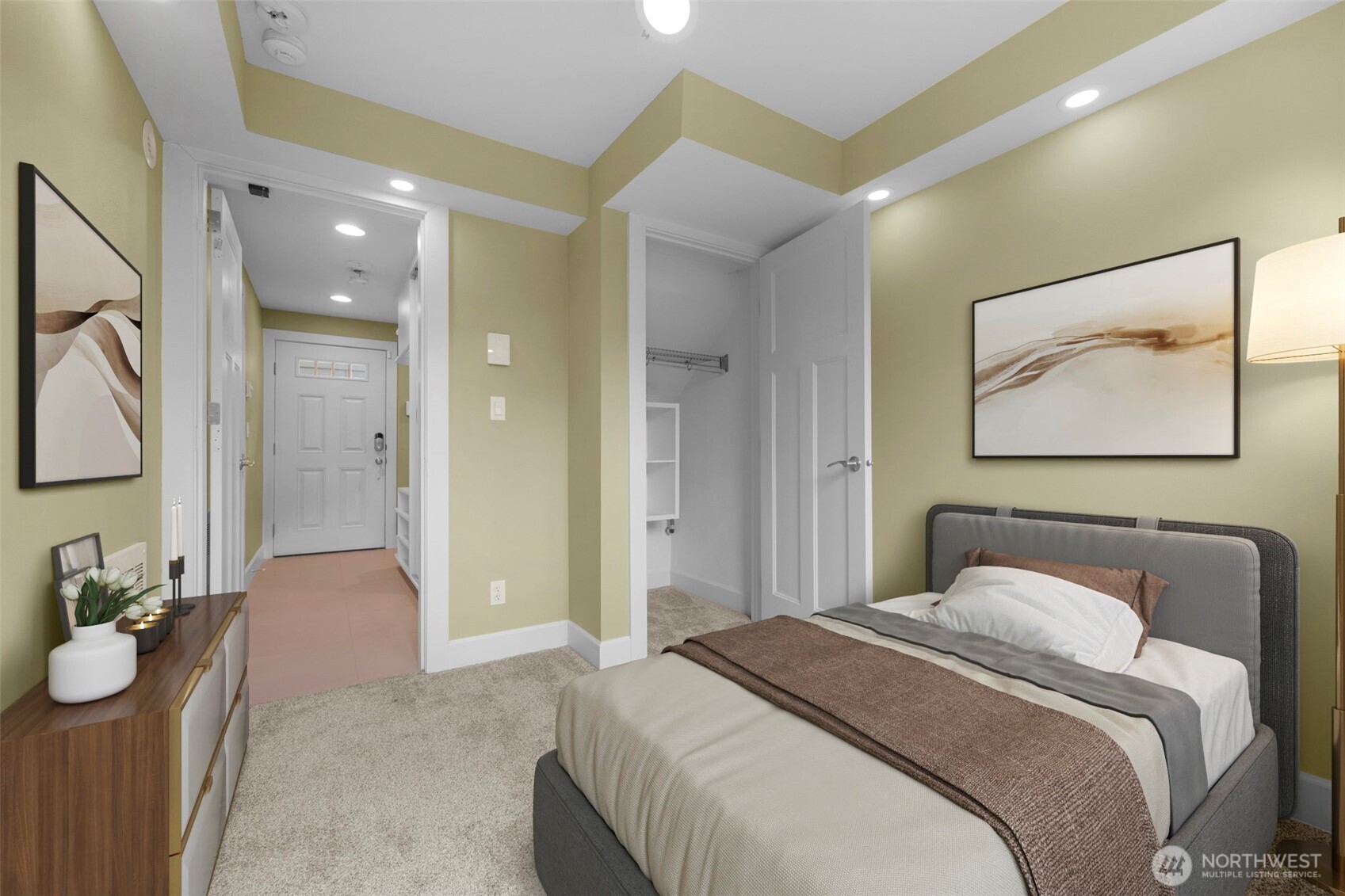 2118 West Ruffner Street Seattle, WA 98199 - Photo 24 of 37 a bedroom with a bed and a chandelier