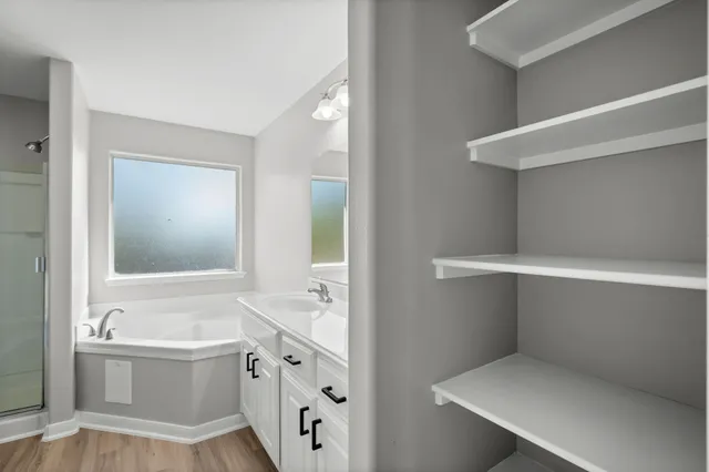 a bathroom with a bathtub sink vanity and toilet