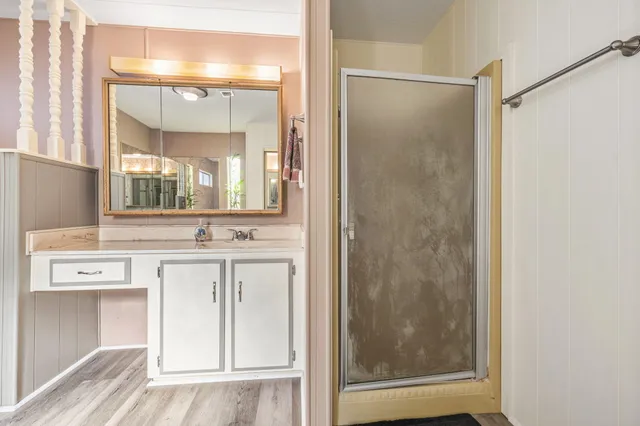 a bathroom with a shower sink and mirror