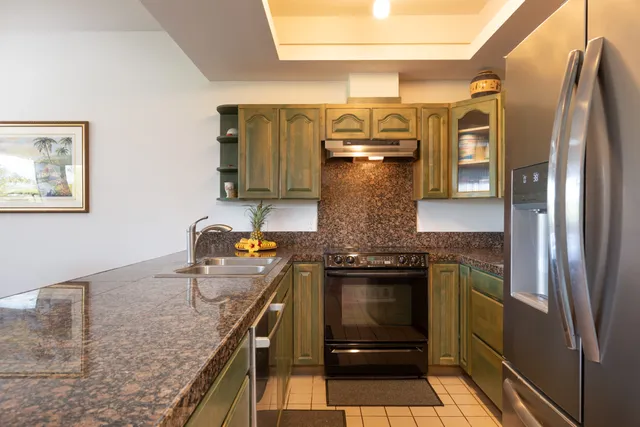 a kitchen with stainless steel appliances granite countertop a stove and a refrigerator