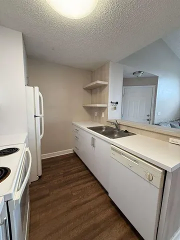 a kitchen with a refrigerator sink and cabinets