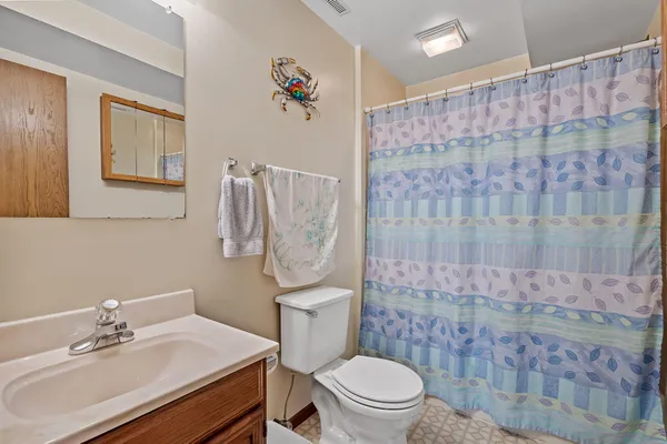a bathroom with a sink a toilet and shower curtain