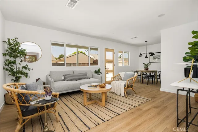 a living room with furniture and a potted plant