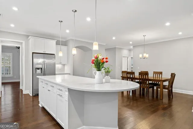 a view of a dining room with furniture