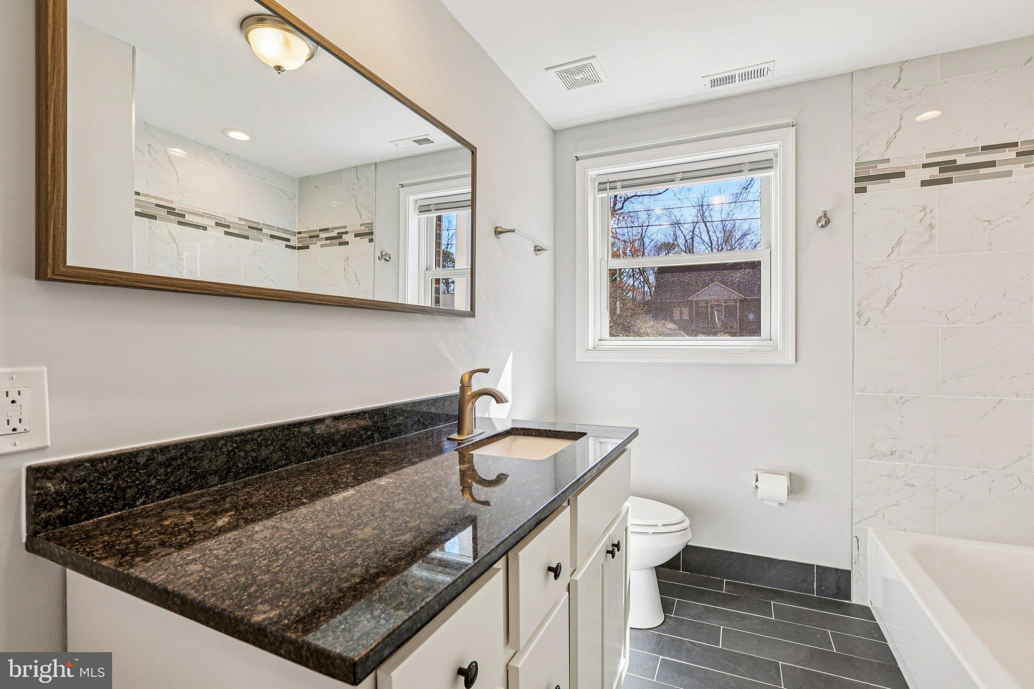 306 Christy Road Pasadena, MD 21122 - Photo 24 of 58 a bathroom with a granite countertop sink a toilet a mirror and a tub