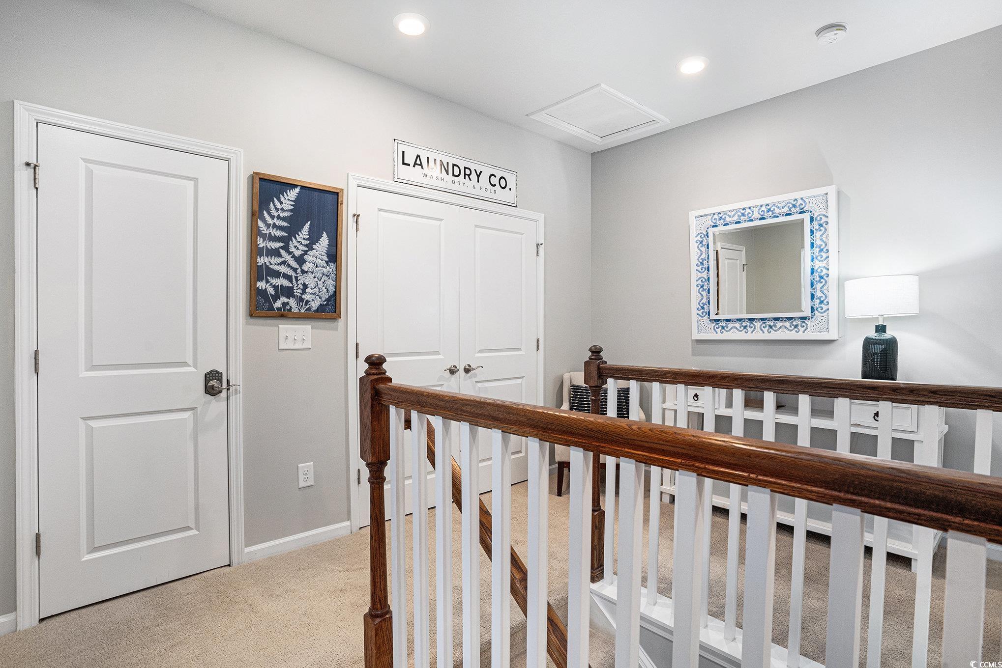 4754 Cloisters Lane Myrtle Beach, SC 29577 - Photo 21 of 32 Corridor with light colored carpet, an upstairs landing, recessed lighting, and attic access