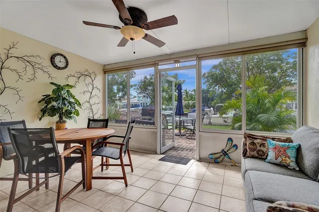 a view of a dining room with furniture window and outside view