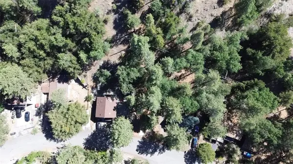 an aerial view of residential house with outdoor space and trees all around