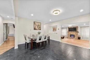 a view of a dining room with furniture