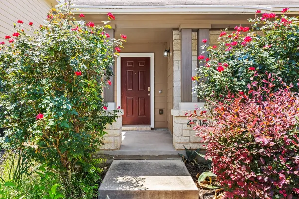 a view of a house with potted plants
