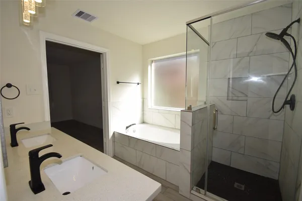 a bathroom with a double vanity sink a mirror and shower