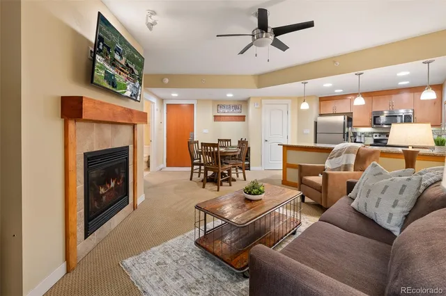 a living room with furniture and a fireplace