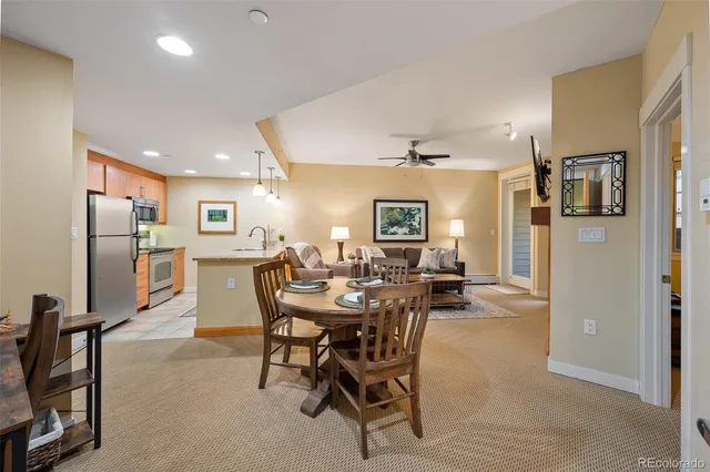 a view of a dining room with furniture