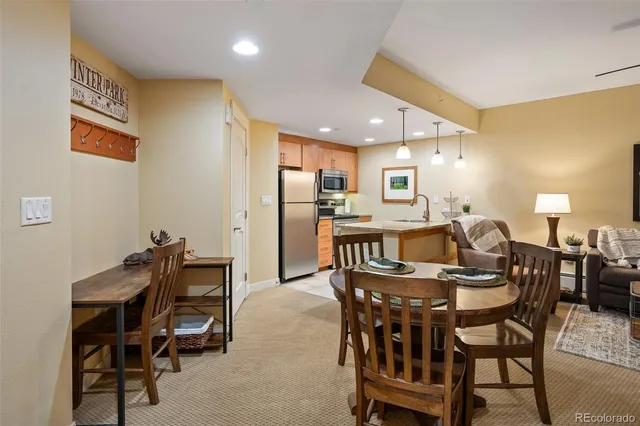 a view of a dining room with furniture