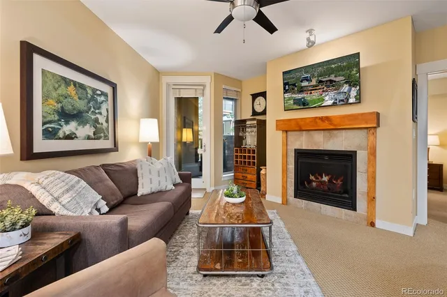 a living room with furniture and a fireplace