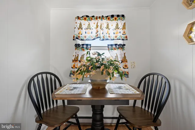 a view of a dining room with furniture a potted plant and wooden floor