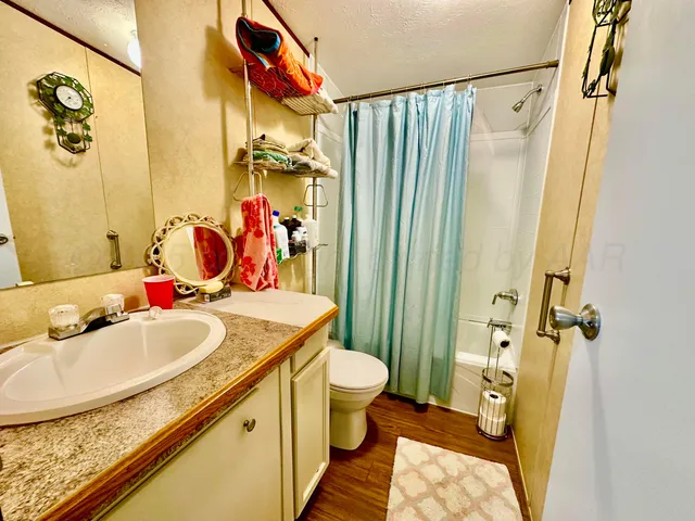 a bathroom with a sink a toilet and shower curtain