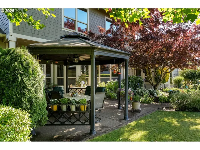 a view of a garden with trees
