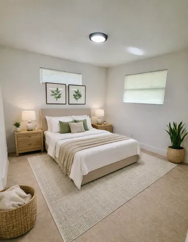 a bedroom with a bed and a couch