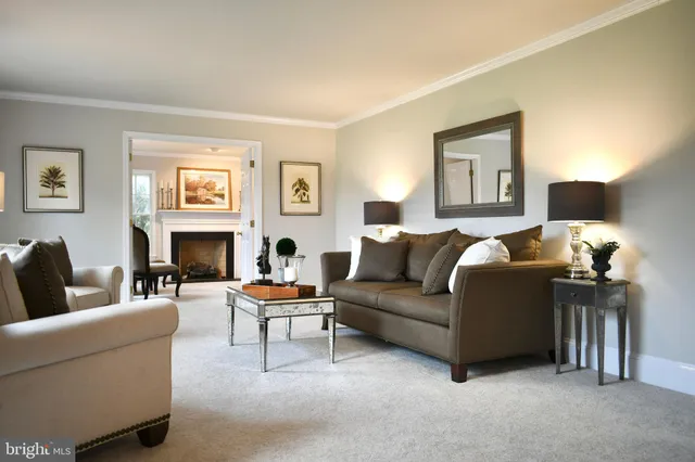 a living room with furniture and a fireplace