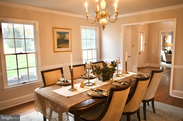 a view of a dining room with furniture window and outside view