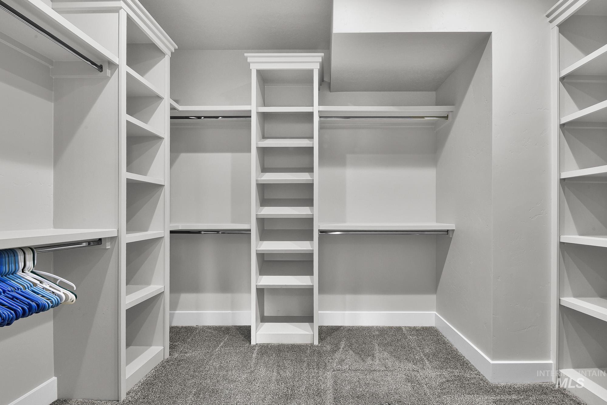 5676 East Zaffre Ridge Street Boise, ID 83716 - Photo 31 of 50 Custom closet system featuring extensive shelving, multiple hanging rods, crown molding accents, and plush carpeting
