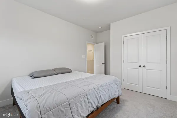 a bedroom with a bed and a closet