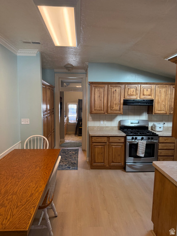 541 300 North Provo, UT 84606 - Photo 18 of 36 Kitchen featuring wood cabinetry, light-tone flooring, and stainless steel gas range