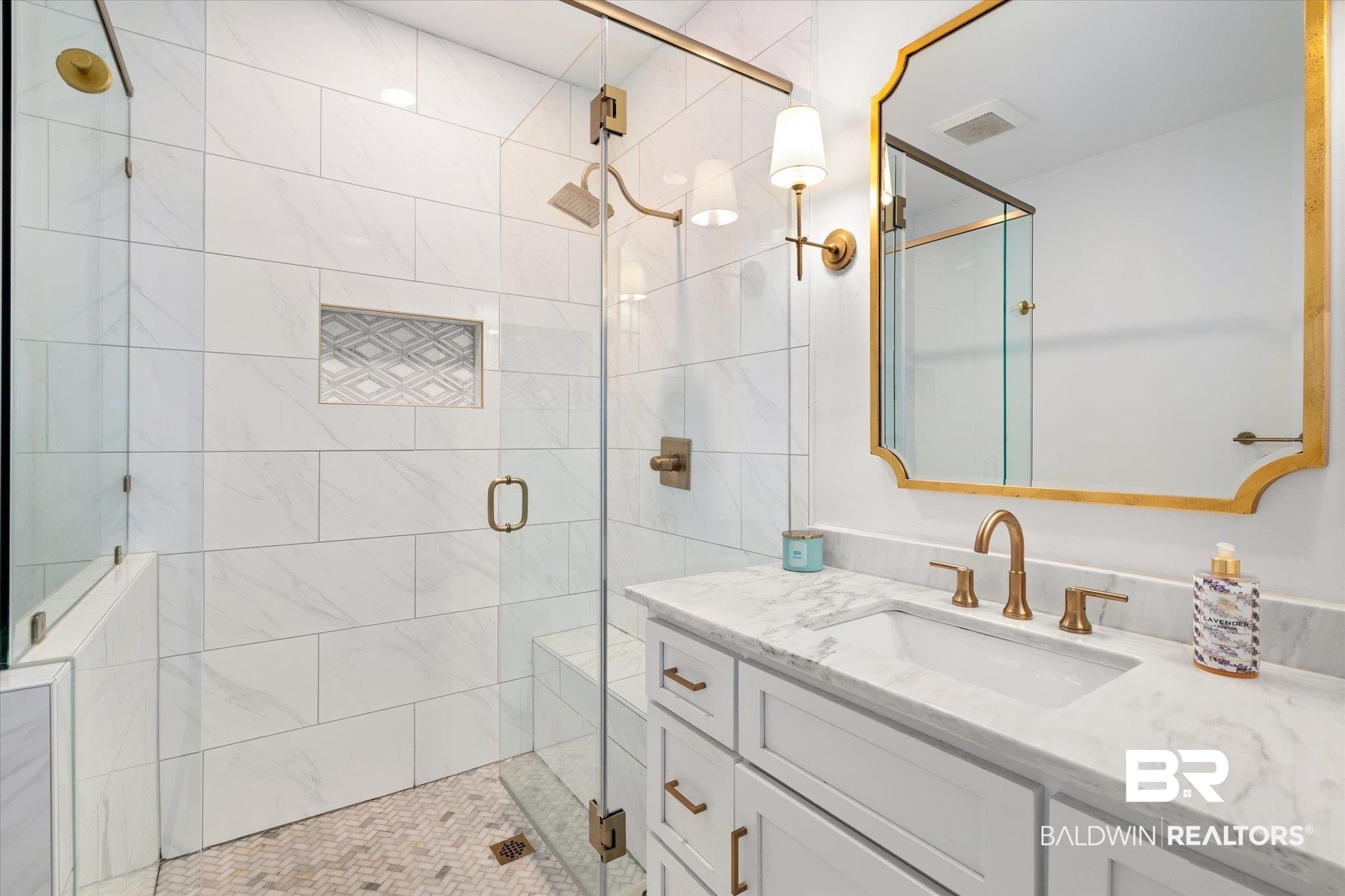 112 Crenshaw Street Mobile, AL 36606 - Photo 13 of 21 Bathroom featuring visible vents, a shower stall, and vanity