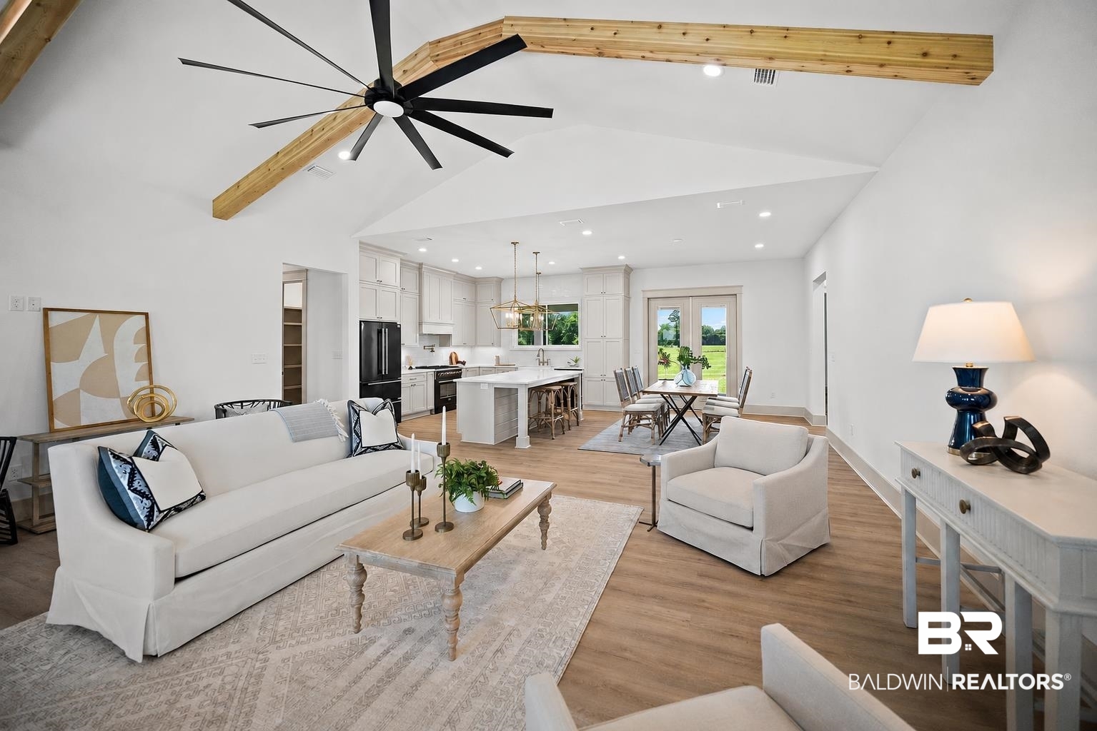 13111 Gopher Court Elberta, AL 36530 - Photo 6 of 41 Vaulted ceiling with exposed wood beams and a contemporary ceiling fan