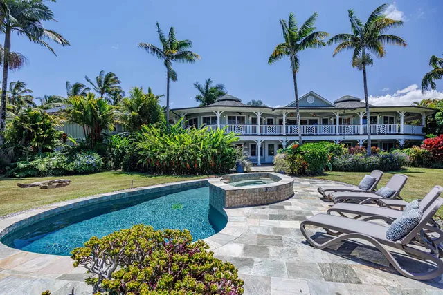 an aerial view of a house with a yard and plants