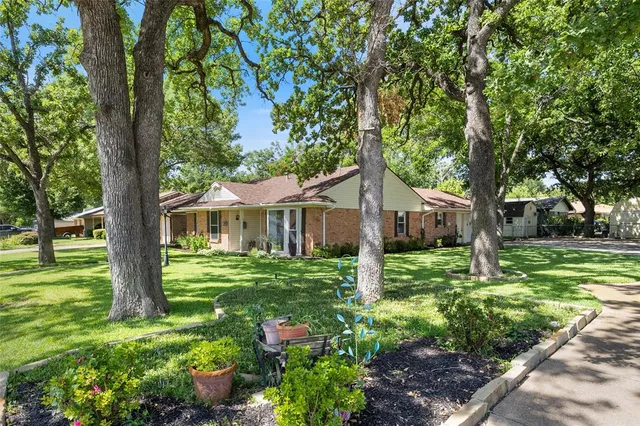 a yellow house in middle of the forest