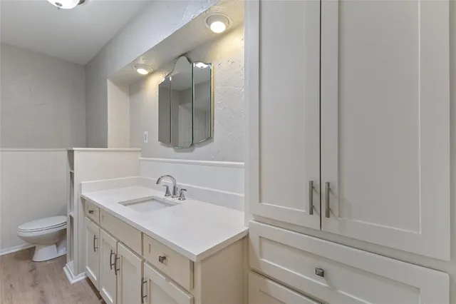 a bathroom with a sink a toilet and a mirror