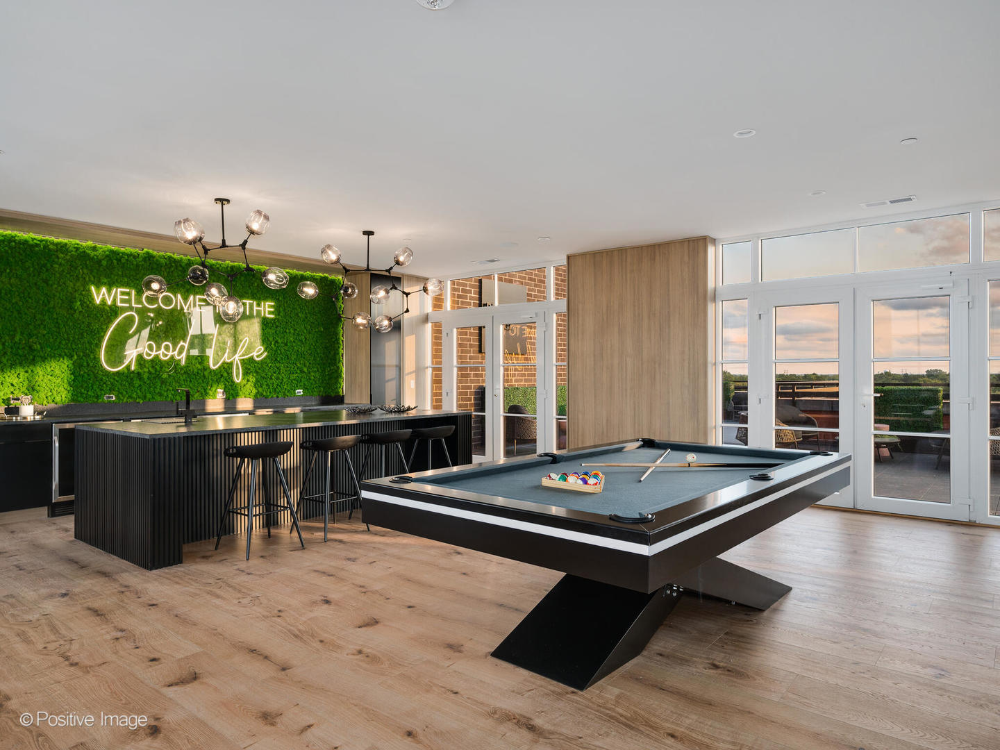 11 West Prospect Avenue, Unit 217 Mount Prospect, IL 60056 - Photo 44 of 66 a living room with furniture pool table flat screen tv and windows