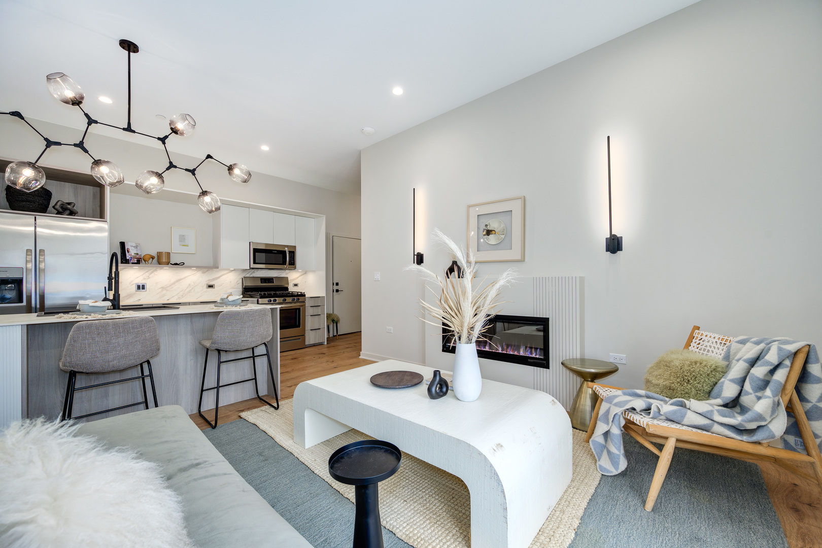 11 West Prospect Avenue, Unit 217 Mount Prospect, IL 60056 - Photo 9 of 66 a living room with furniture a fireplace and kitchen view